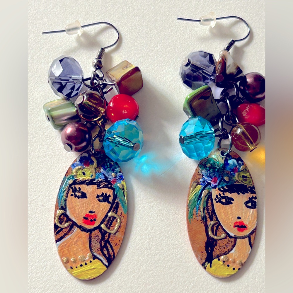 NWOT Earrings Artisan “Flores”original Oil Painting Mother-of-Pearl real gold 3”
